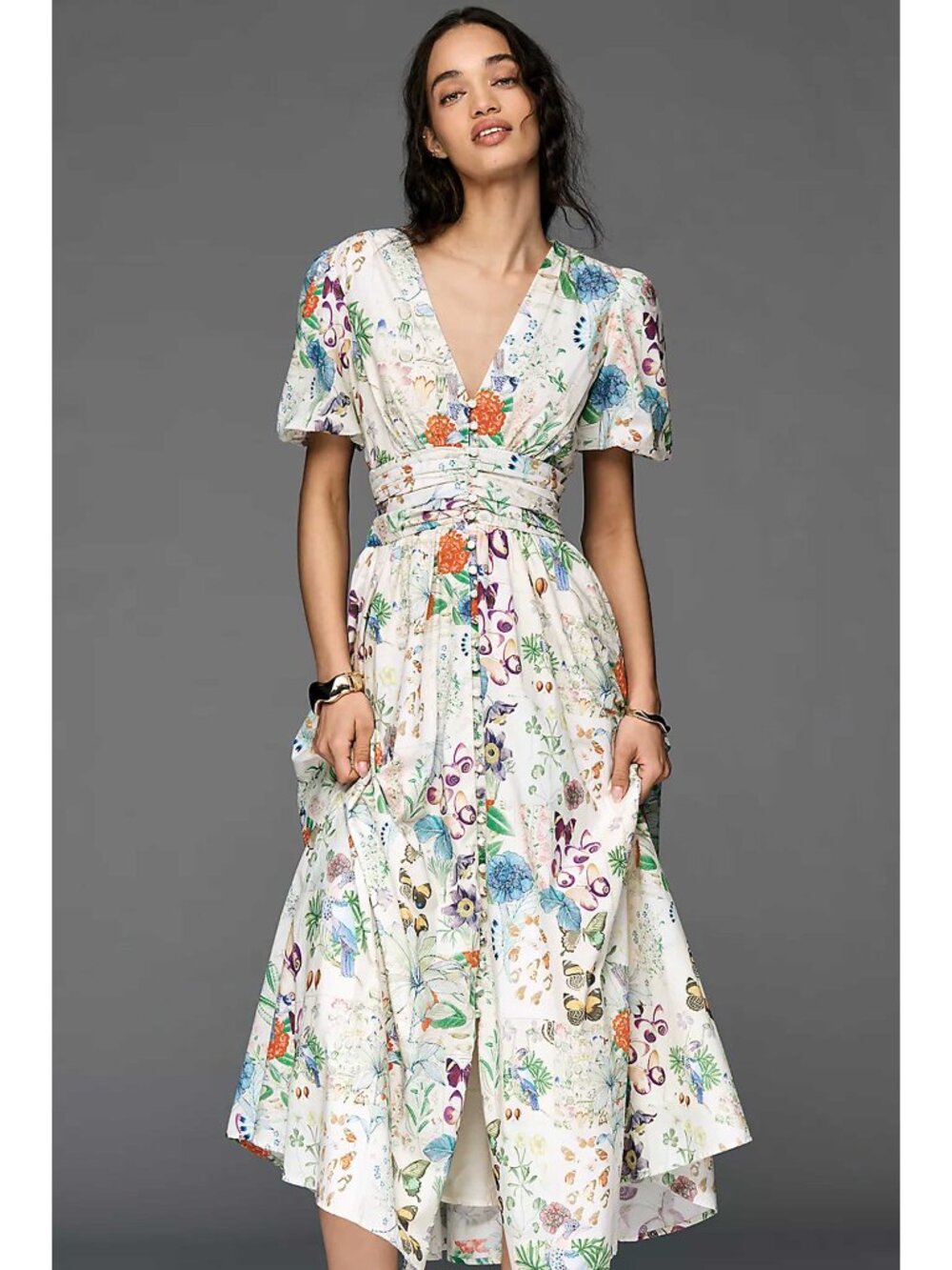 By Anthropologie The Katerina V-Neck Button-Front Maxi Dress Size S Multicolor